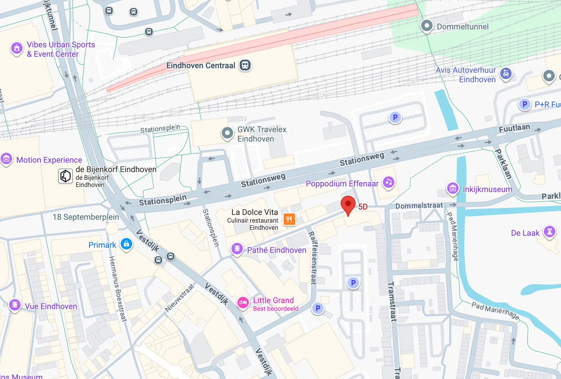 Kaart met de ligging van QP Society aan de Dommelstraat in Eindhoven